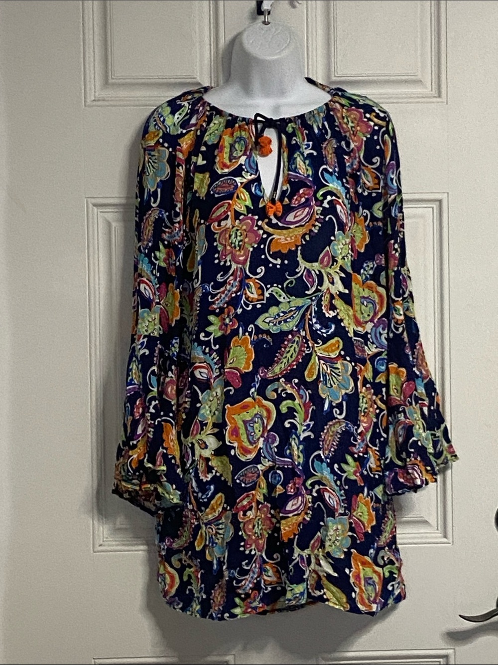T42- ANNE COLE Vibrant MultiColor Paisley-Floral BOHO Tie-Front Cover-Up Dress